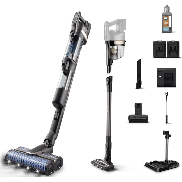 Вертикална прахосмукачка 3-in-1 Philips AQUA TRIO серия 9000 XW9465/11, технология Aqua Spin 4500, Самопочистващи се въртящи се четки, 2 батерии 25.2 V, Станция за съхранение и самопочистване, Мини турбо четка, Аксесоар за тесни пространство