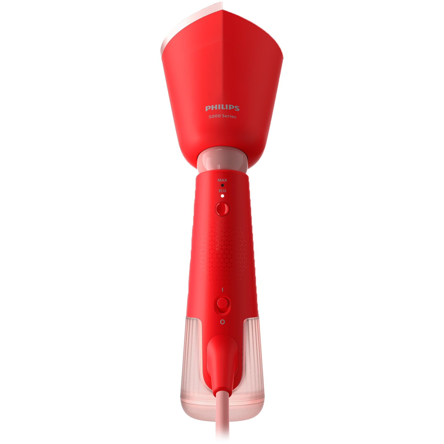Aparat de calcat vertical portabil Philips STH5020/40 Seria 5000, 1300W, debit de abur 24 g/min, rezervor de apa 120 ml, talpa metalica, cap reglabil pentru calcare verticala si orizontala, saculet dezozitare/ manusa (2in1), culoare: corai