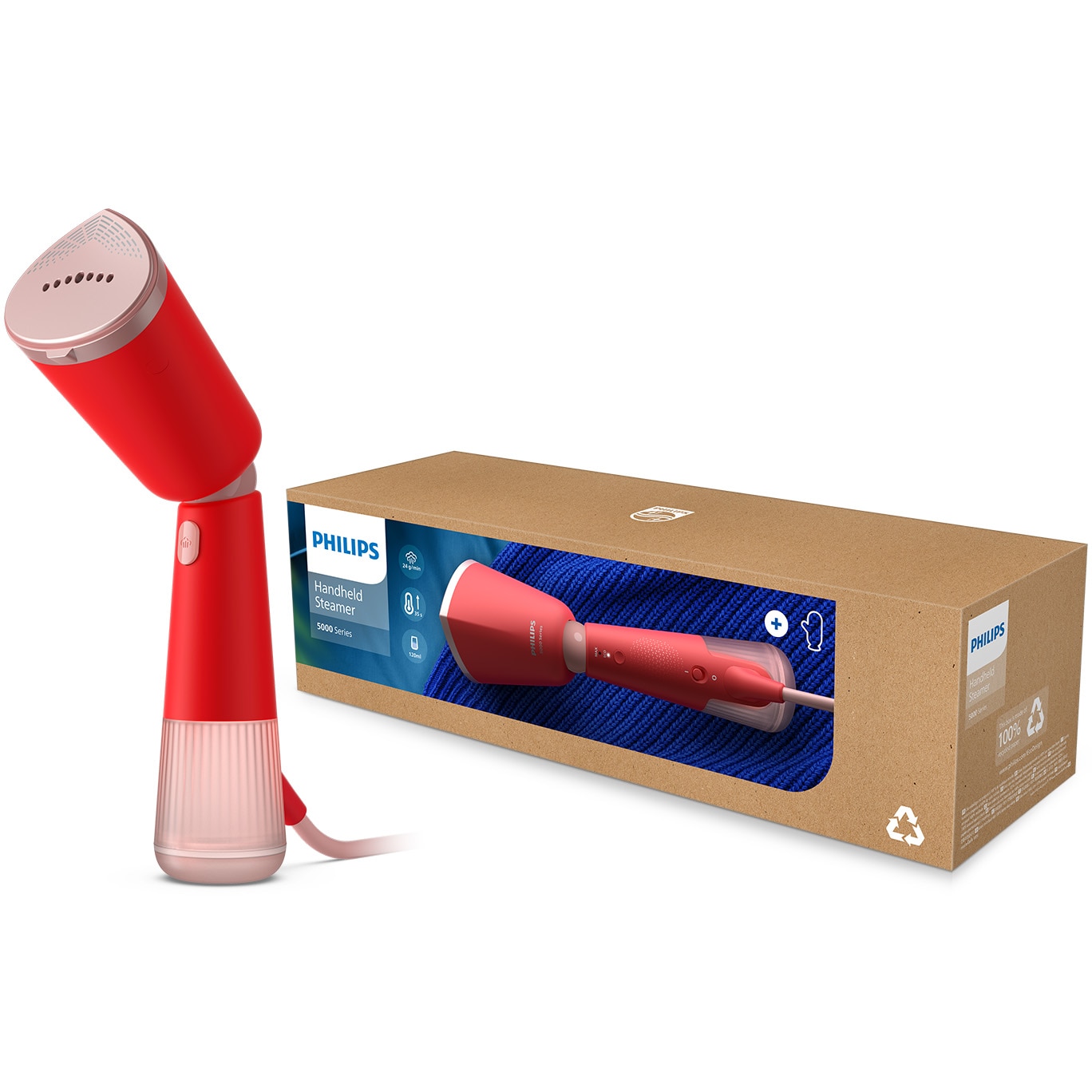 Aparat de calcat vertical portabil Philips STH5020/40 Seria 5000, 1300W, debit de abur 24 g/min, rezervor de apa 120 ml, talpa metalica, cap reglabil pentru calcare verticala si orizontala, saculet dezozitare/ manusa (2in1), culoare: corai