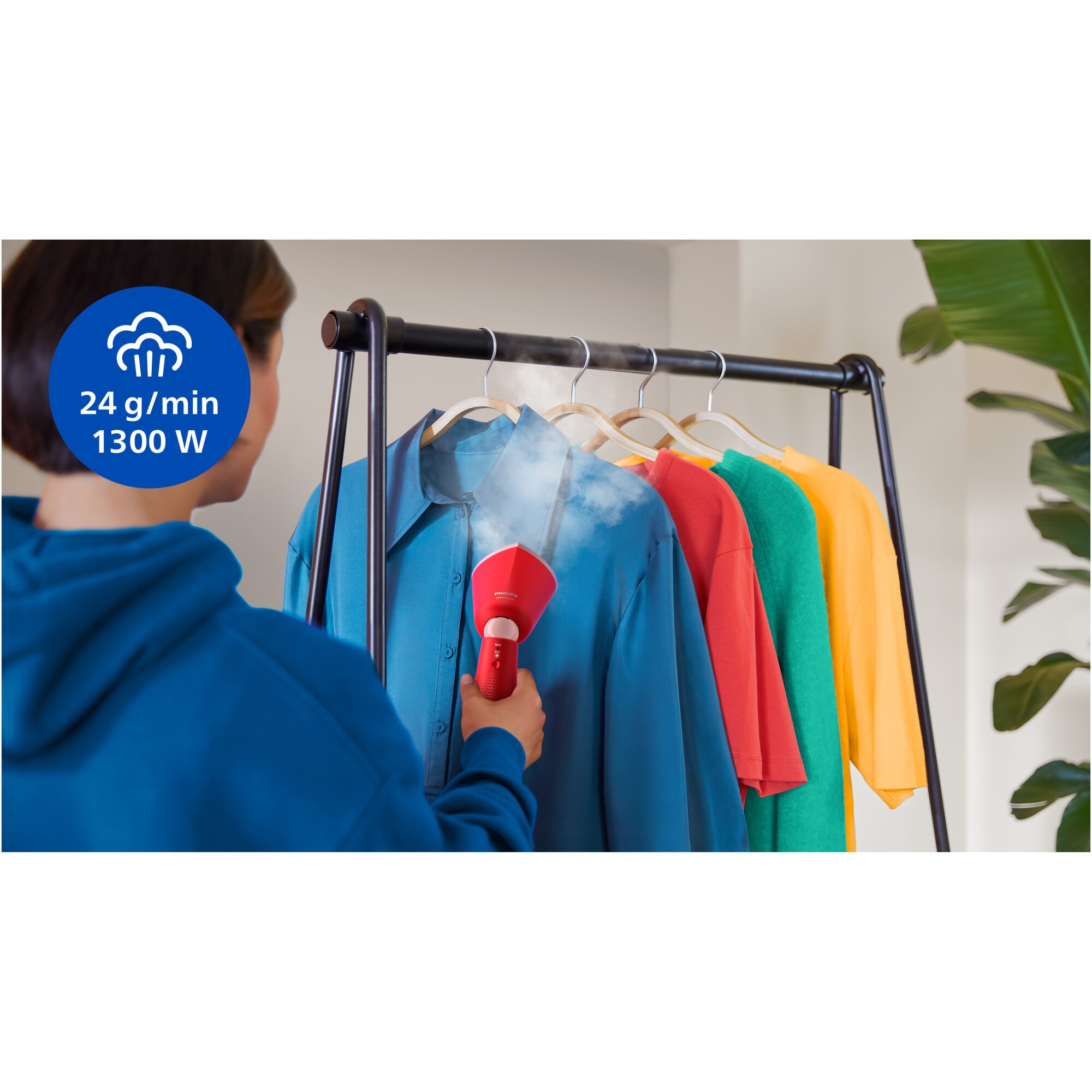 Aparat de calcat vertical portabil Philips STH5020/40 Seria 5000, 1300W, debit de abur 24 g/min, rezervor de apa 120 ml, talpa metalica, cap reglabil pentru calcare verticala si orizontala, saculet dezozitare/ manusa (2in1), culoare: corai