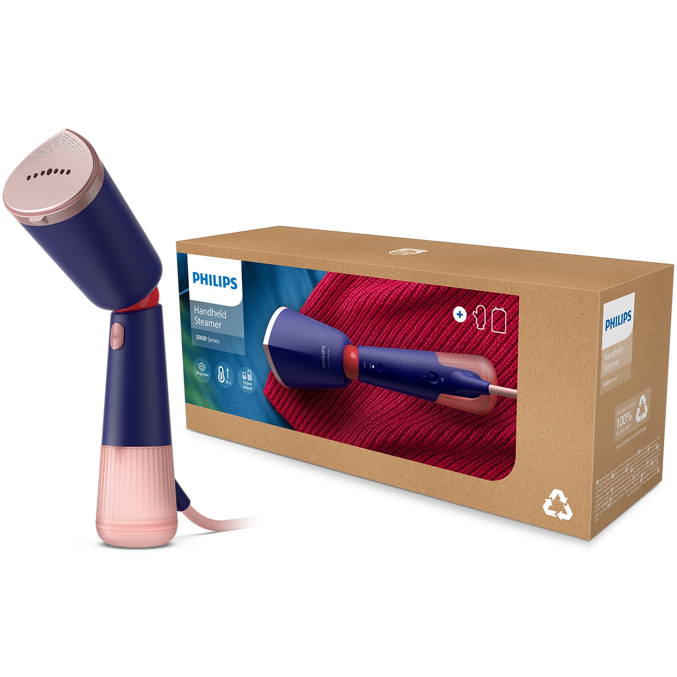 Aparat de calcat vertical portabil Philips STH5030/20 Seria 5000, 1300W, debit de abur 24 g/min, rezervor de apa 120 ml + rezervor suplimentar 200 ml, cap reglabil pentru calcare verticala/orizontala, saculet depozitare/ manusa, StyleMat, albastru