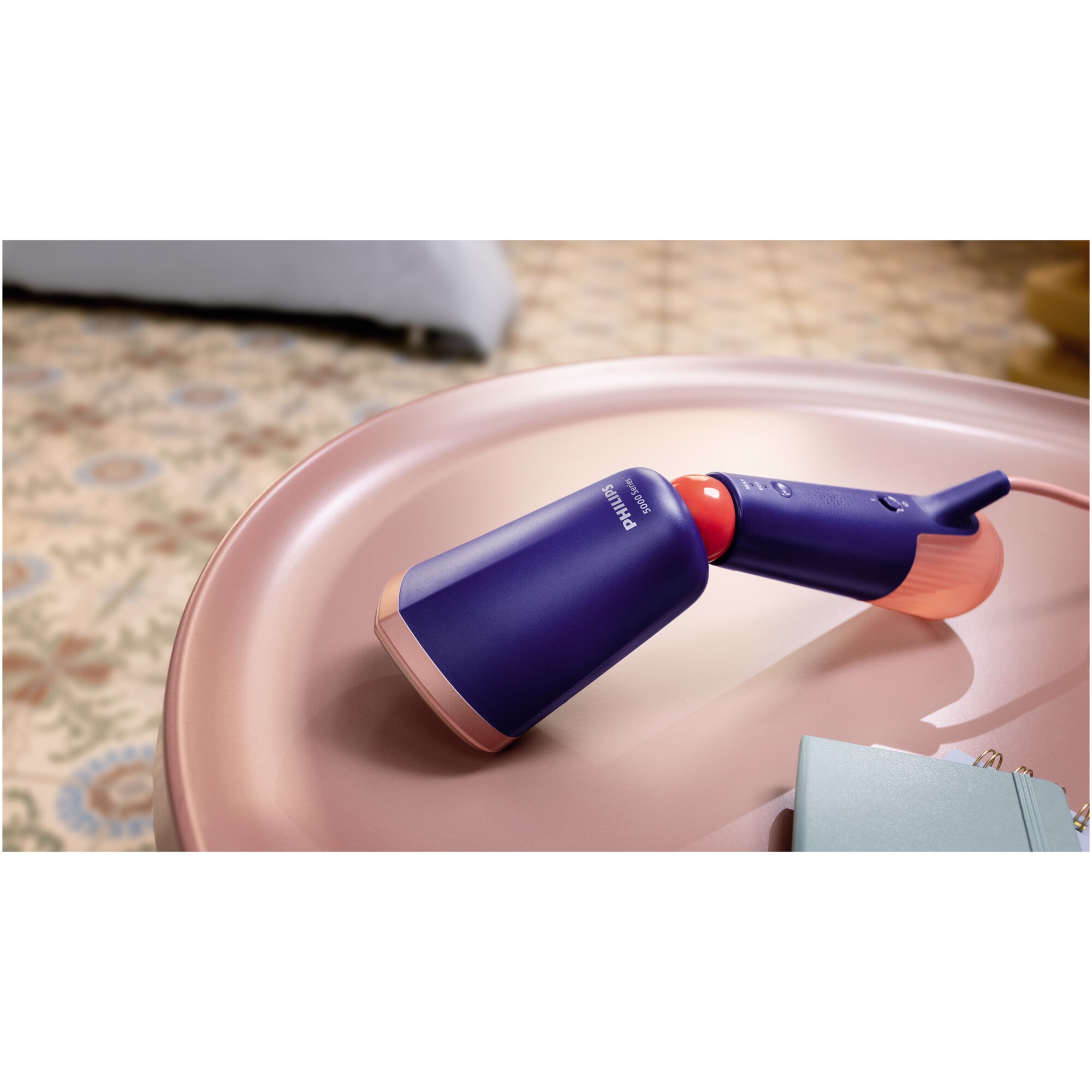 Aparat de calcat vertical portabil Philips STH5030/20 Seria 5000, 1300W, debit de abur 24 g/min, rezervor de apa 120 ml + rezervor suplimentar 200 ml, cap reglabil pentru calcare verticala/orizontala, saculet depozitare/ manusa, StyleMat, albastru