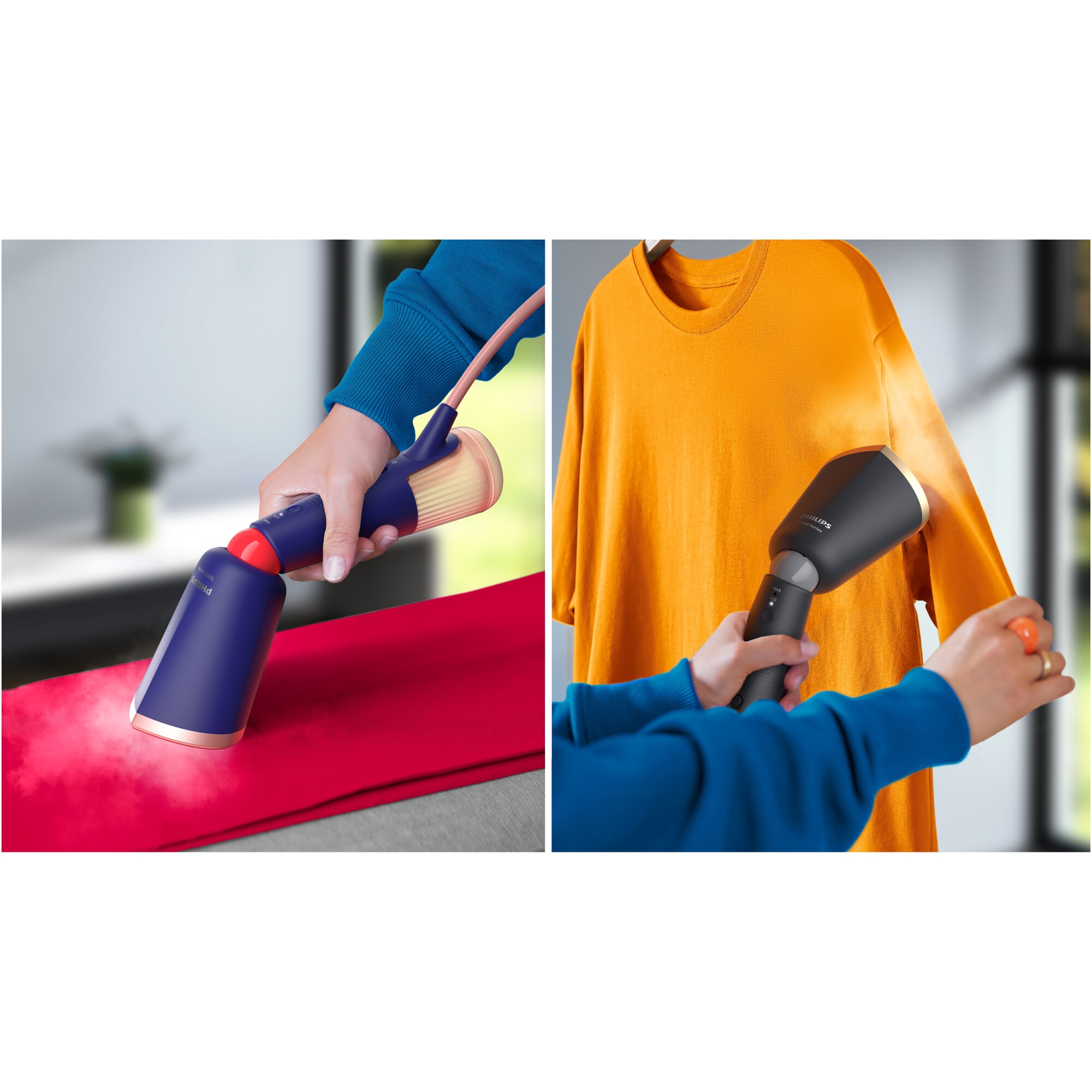 Aparat de calcat vertical portabil Philips STH5030/20 Seria 5000, 1300W, debit de abur 24 g/min, rezervor de apa 120 ml + rezervor suplimentar 200 ml, cap reglabil pentru calcare verticala/orizontala, saculet depozitare/ manusa, StyleMat, albastru