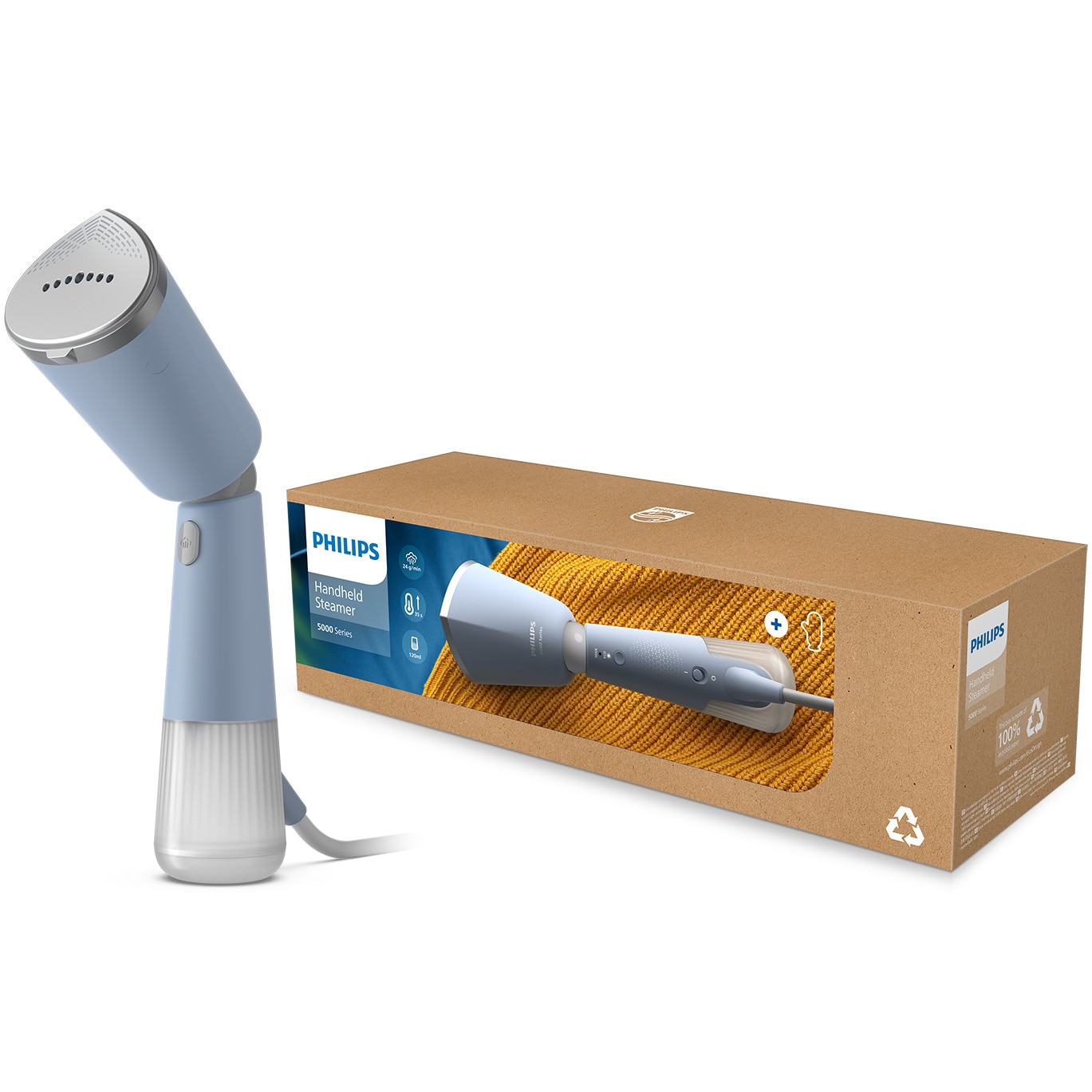 Aparat de calcat vertical portabil Philips STH5020/20 Seria 5000 , 1300W, debit de abur 24 g/min, rezervor de apa 120 ml, talpa metalica, cap reglabil pentru calcare verticala si orizontala, saculet depozitare/ manusa (2in1), albastru deschis