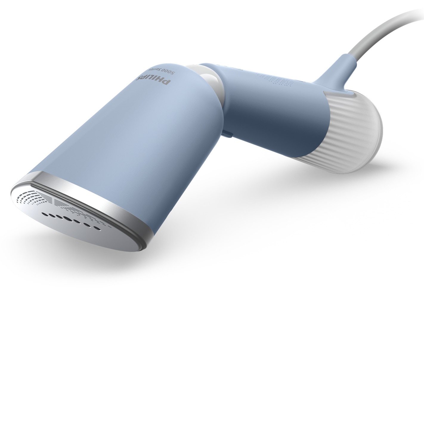Aparat de calcat vertical portabil Philips STH5020/20 Seria 5000 , 1300W, debit de abur 24 g/min, rezervor de apa 120 ml, talpa metalica, cap reglabil pentru calcare verticala si orizontala, saculet depozitare/ manusa (2in1), albastru deschis