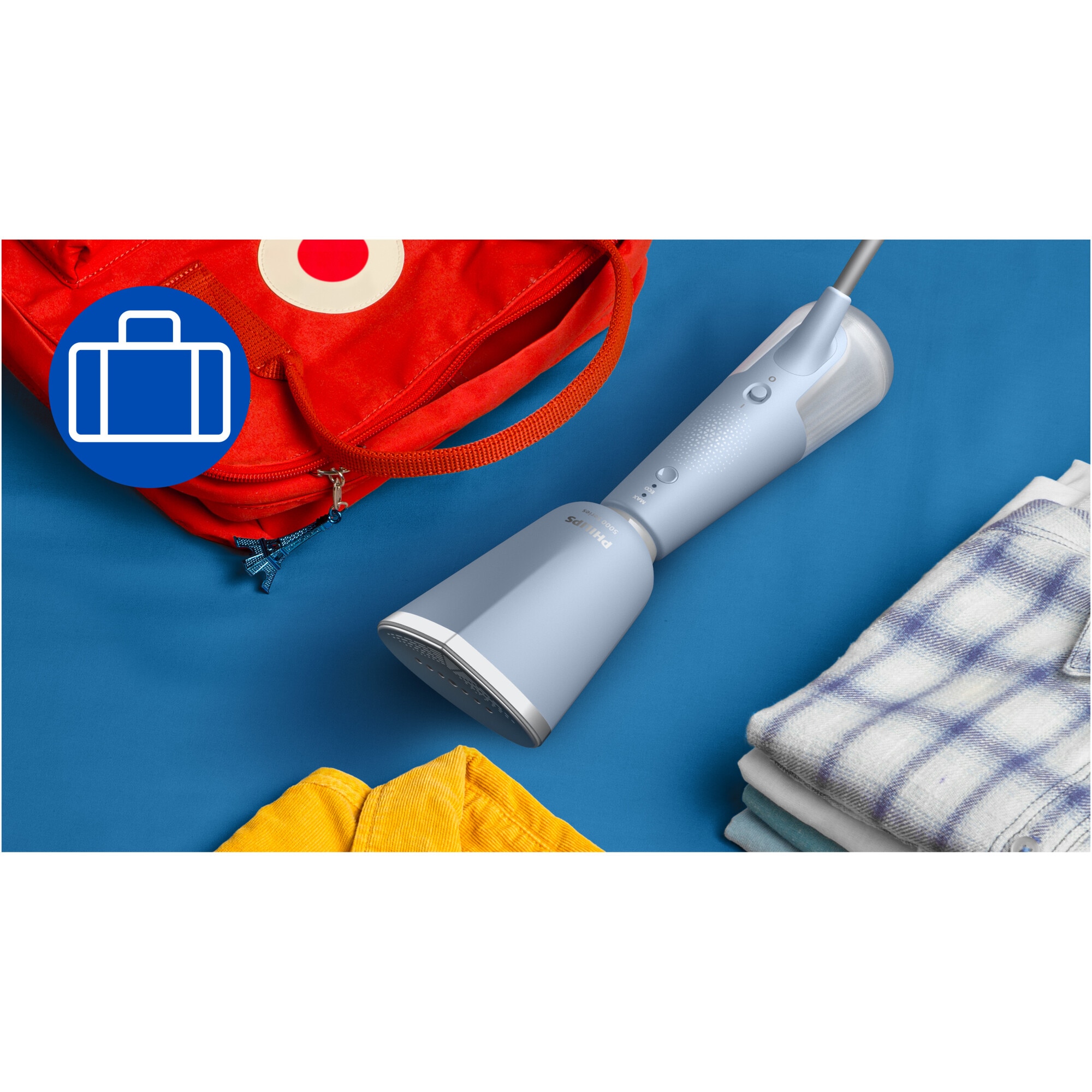Aparat de calcat vertical portabil Philips STH5020/20 Seria 5000 , 1300W, debit de abur 24 g/min, rezervor de apa 120 ml, talpa metalica, cap reglabil pentru calcare verticala si orizontala, saculet depozitare/ manusa (2in1), albastru deschis