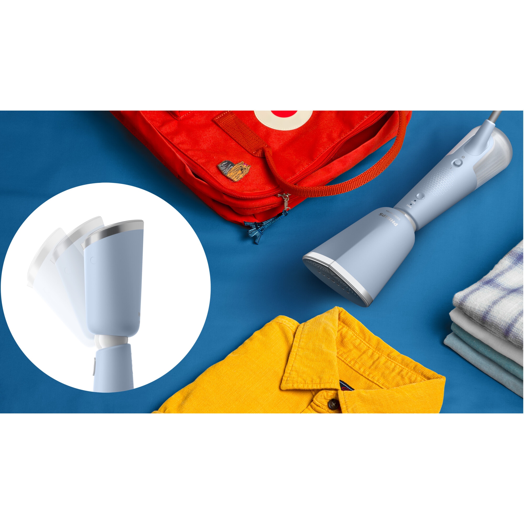 Aparat de calcat vertical portabil Philips STH5020/20 Seria 5000 , 1300W, debit de abur 24 g/min, rezervor de apa 120 ml, talpa metalica, cap reglabil pentru calcare verticala si orizontala, saculet depozitare/ manusa (2in1), albastru deschis