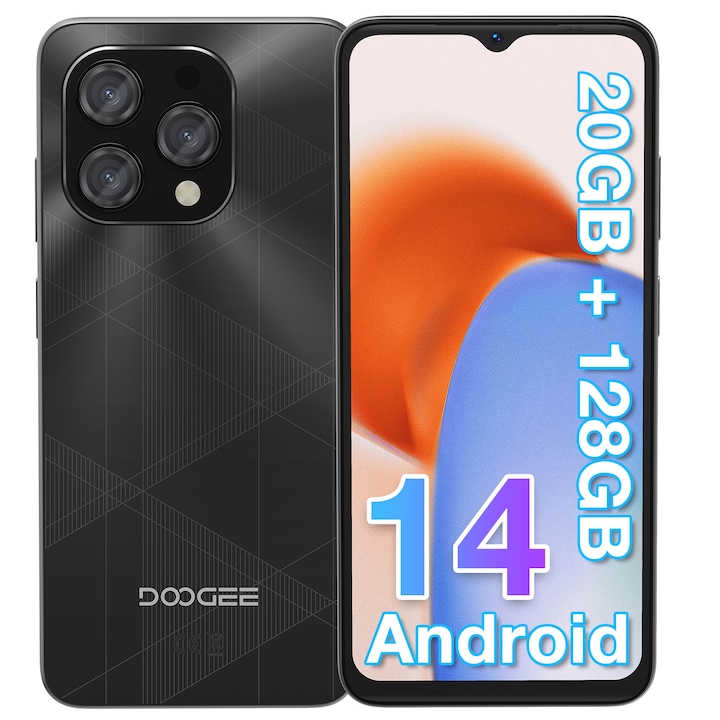 DOOGEE N55 Plus mobiltelefon, Android 14, 6,56", 20 GB RAM, 128 GB, Kamera 13+8MP, Dual SIM, 4G, Fekete