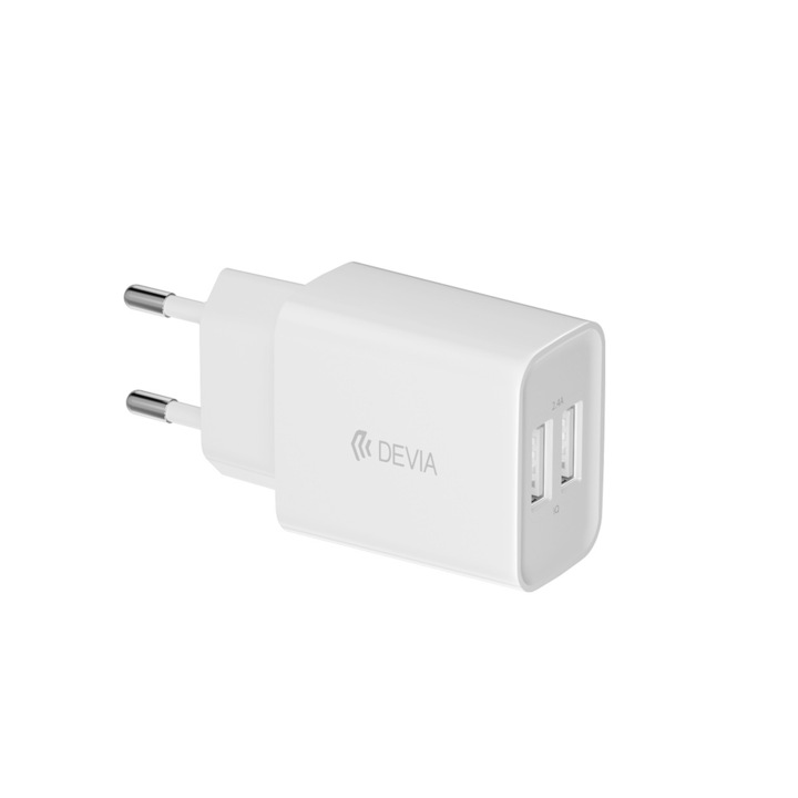 Töltő: Devia - 2xUSB portos fehér hálózati töltőfej 2, 4A + USB / Type-C (USB-C) kábel (1m)