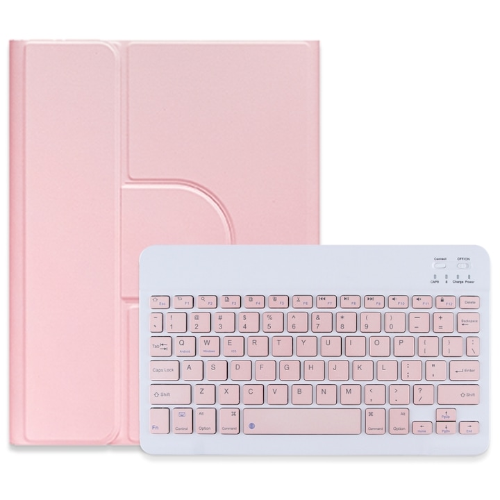 Husa cu tastatura compatibila iPad din piele compatibila iPad al 10-lea Gen 109, 360° rotativ, buton patrat, Bluetooth, roz