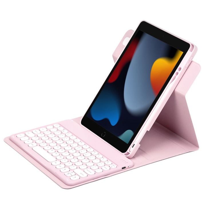 Husa cu tastatura compatibila iPad 102 2021/Air 2019, Bluetooth, 360° rotativa, din piele, roz