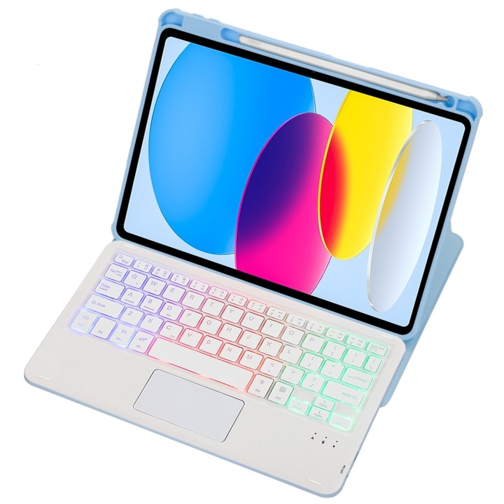 Husa cu tastatura compatibila iPad pentru generatia a 10-a 109 2022, rotatie 360 grade, design transparent acrilic, control tactil, iluminare din spate, albastru