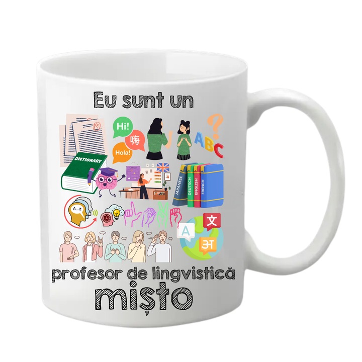 Cana personalizata - Eu sunt un profesor de lingvistica misto, alba, 330 ml