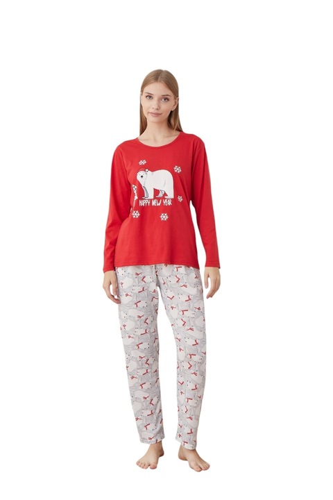 Pijama dama Craciun, maneca lunga pantaloni lungi Rosu, M imprimeu urs polar