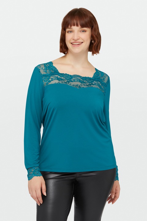 Fiorella Rubino, Bluza din amestec de modal cu garnituri din dantela, Turcoaz, M