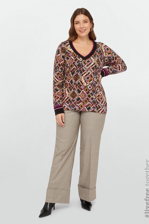 Fiorella Rubino, Pulover cu decolteu in V si imprimeu geometric, Multicolor, M