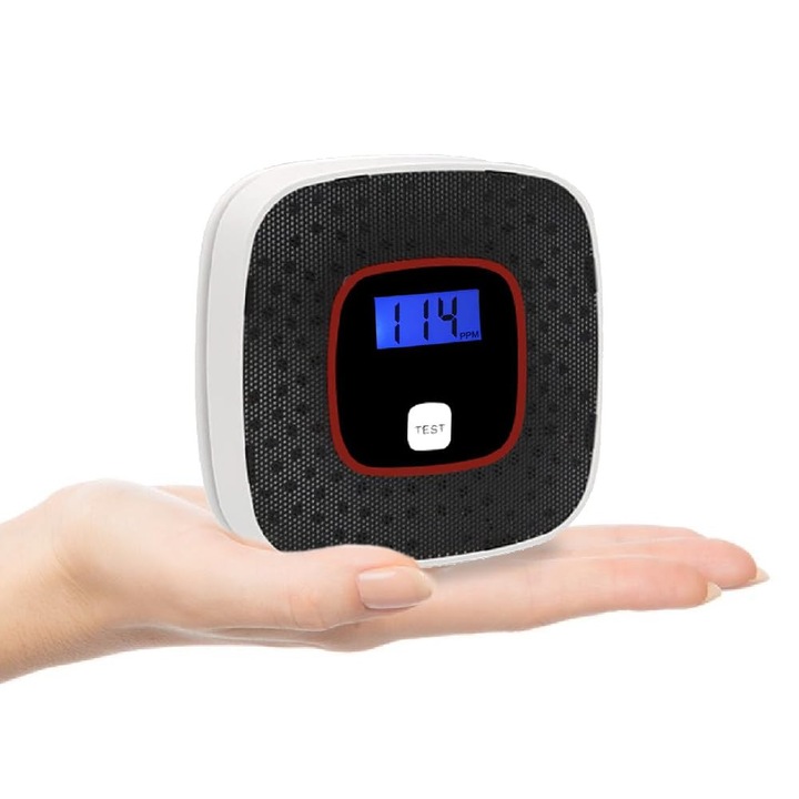 Detector de fum si monoxid de carbon, cu display digital, montare pe perete, sistem de securitate pentru acasa, 11x10.5cm, negru