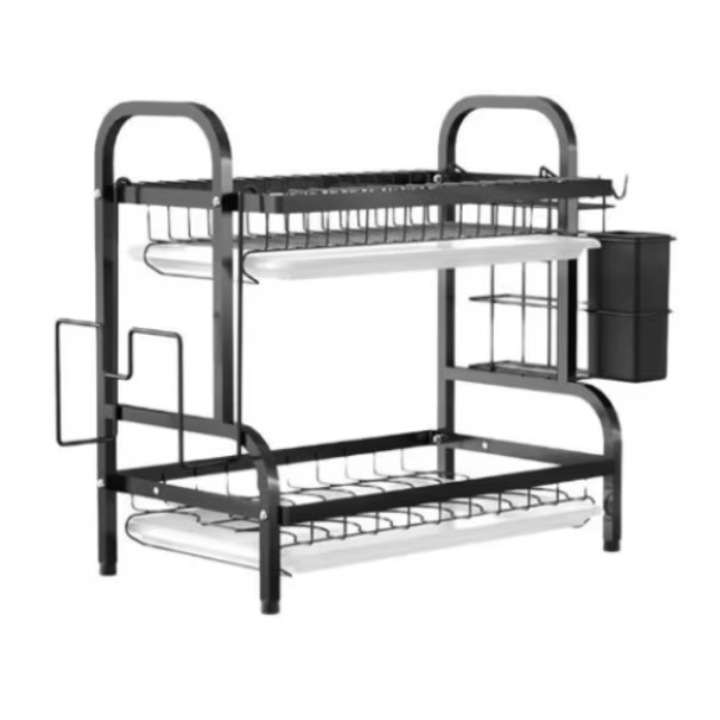 Szárító edényekhez és evőeszközökhöz csepegtetővel, 2 szint, Fém, Matt fekete, 53x23,5x39 cm