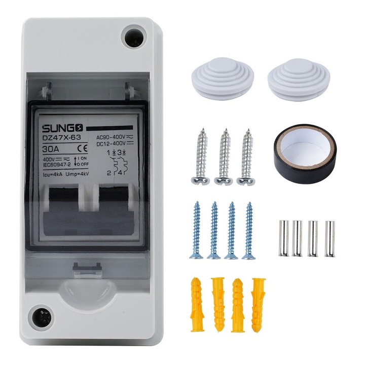 Intrerupator DC, SUNGO, 2P, 400V, 30A, impermeabil IP65, cu cutie de distributie