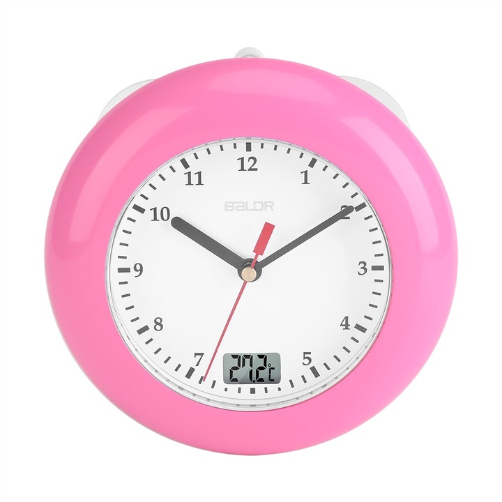 Jormftte dekoratív óra fürdőszobába, vízálló, hőmérséklet kijelzővel, rózsaszín, tapadókorongokkal