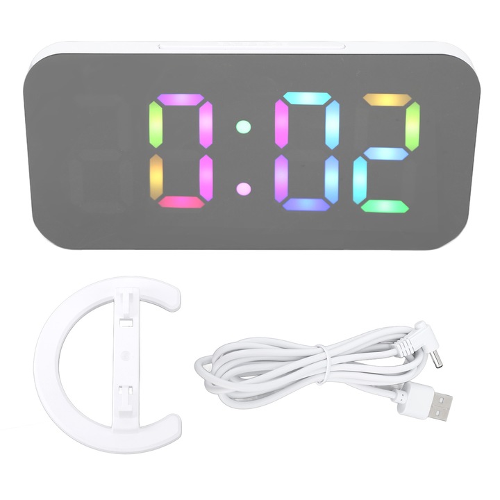 Jormftte RGB digitális ébresztőóra, tükör funkció, 2 USB port, 6.5in méret, fehér