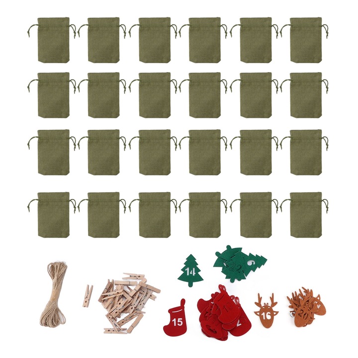 24 darabos díszes karácsonyi húzózsinóros ajándéktasak készlet, újrafelhasználható, zöld