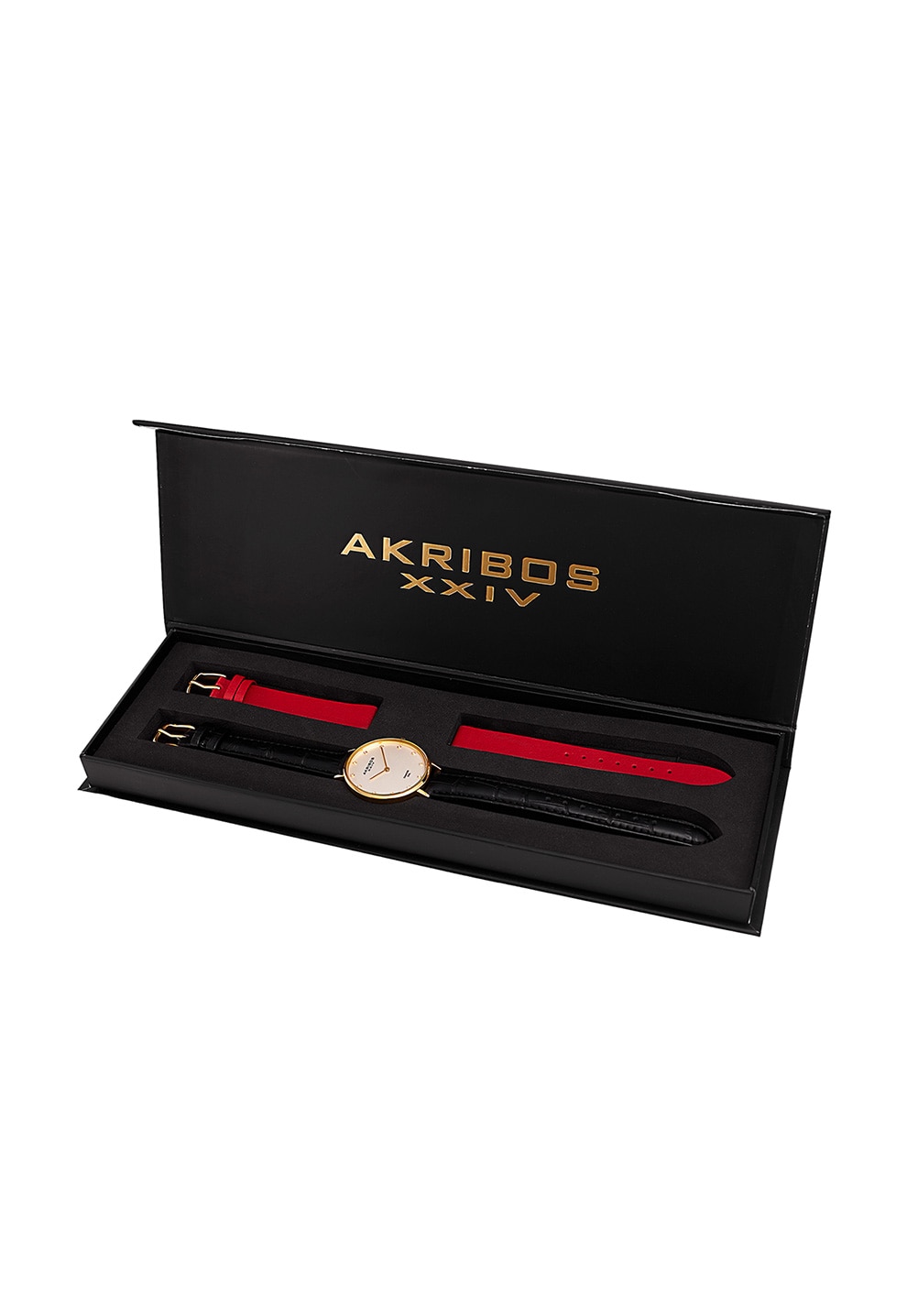 AKRIBOS XXIV, Ceas cu curele intersanjabile si diamante, Negru/Rosu