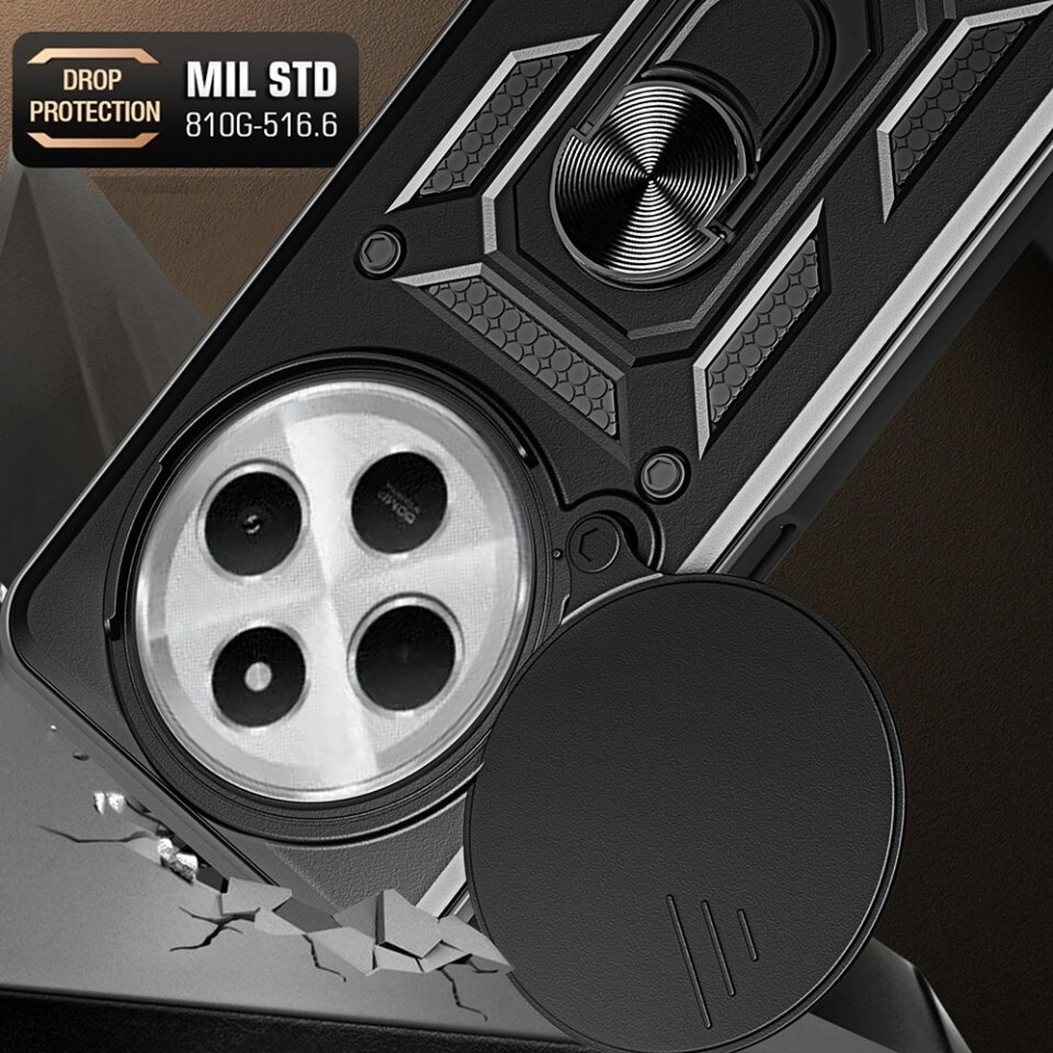 Husa pentru Xiaomi Redmi 14C / Poco C75, SKYDDAR INNOVATION, CamShield, Inel magnetic, set cu sticker, Negru