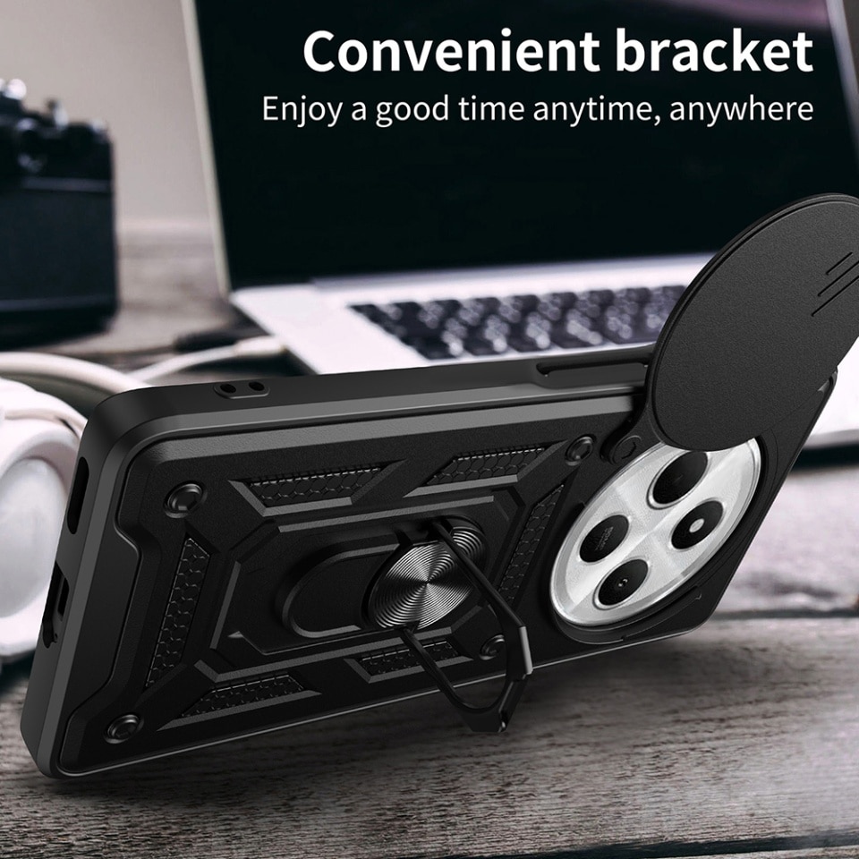 Husa pentru Xiaomi Redmi 14C / Poco C75, SKYDDAR INNOVATION, CamShield, Inel magnetic, set cu sticker, Negru