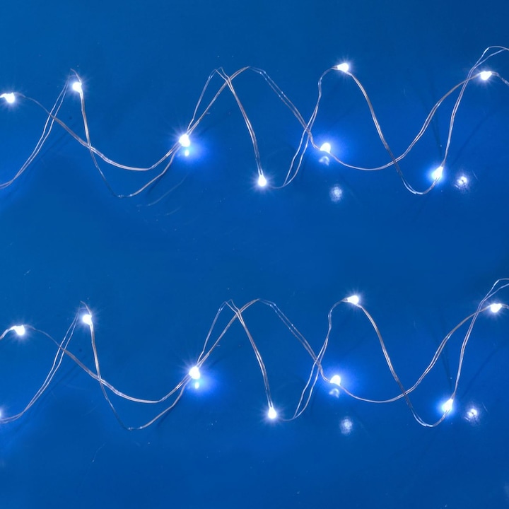 Инсталация за коледни светлини, мед, 20 LED крушки, студен бял цвят, дължина 2,3 м, прозрачен кабел, захранване с батерии, вътрешно