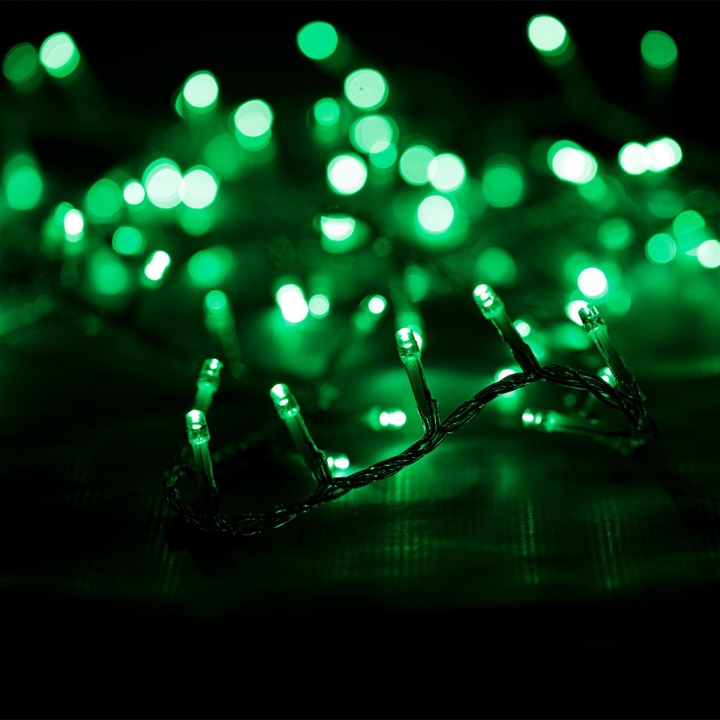 LED коледна лампа, 100 крушки, зелена, разтегателна, дължина 6,07 м, зелен кабел, вътрешно/външно