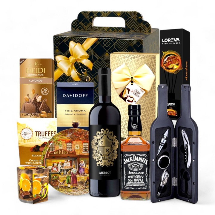 Set Cadou Elegant Allure Collection cu Whiskey Jack Daniel's, Vin Nobilius, Accesorii pentru Vin, Cafea Davidoff, Praline, Fursecuri Daneze, Difuzor Arome, Lumanare Parfumata, Ambalaj Festiv – Cadou Aniversare sau Craciun – by CADOURI RAFINATE®