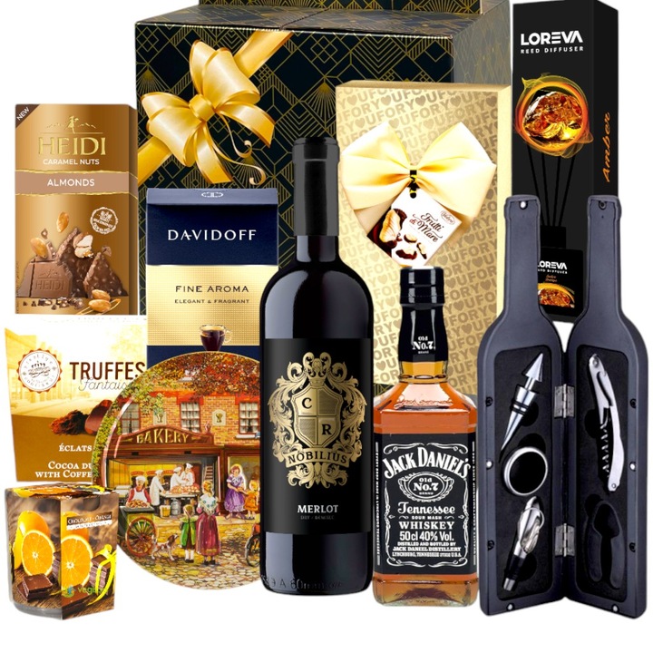 Set Cadou Elegant Allure Collection cu Whiskey Jack Daniel's, Vin Nobilius, Accesorii pentru Vin, Cafea Davidoff, Praline, Fursecuri Daneze, Difuzor Arome, Lumanare Parfumata, Ambalaj Festiv – Cadou Aniversare sau Craciun – by CADOURI RAFINATE®