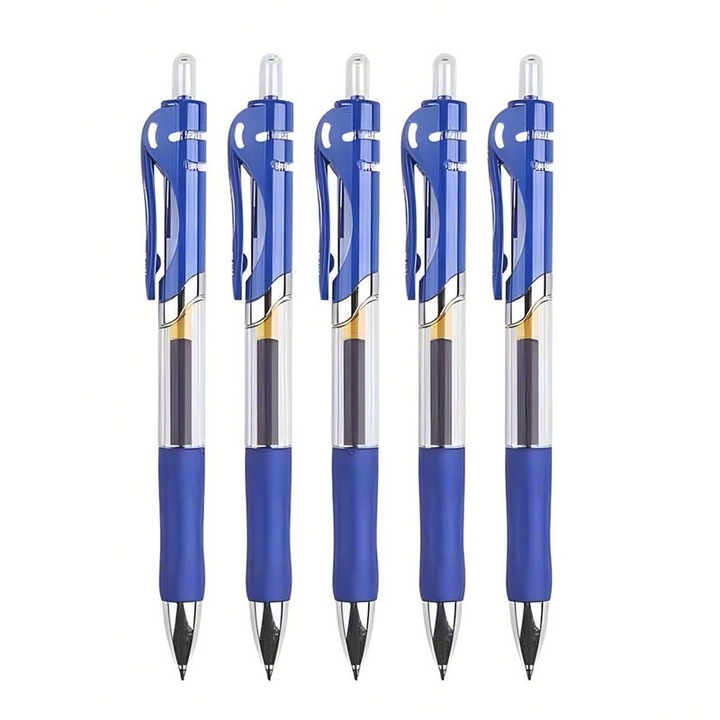 Set 5 pixuri cu gel, Cu bila, 0.5mm, Varf metalic, Albastru