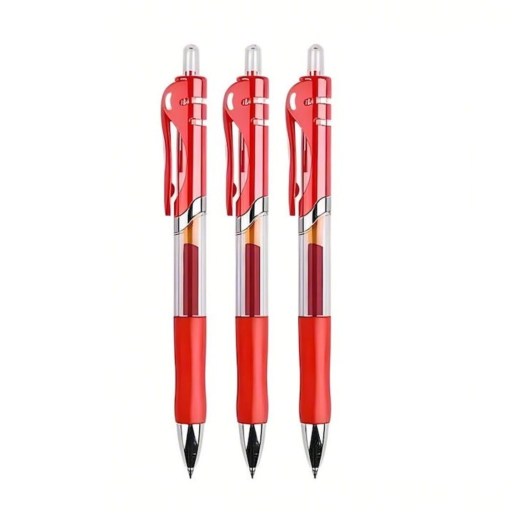 Set 3 pixuri cu gel, Cu bila, 0.5mm, Varf metalic, Rosu