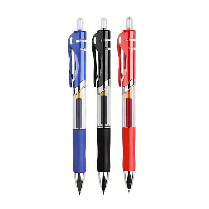 Set 3 pixuri cu gel, Cu bila, 0.5mm, Varf metalic, Multicolor