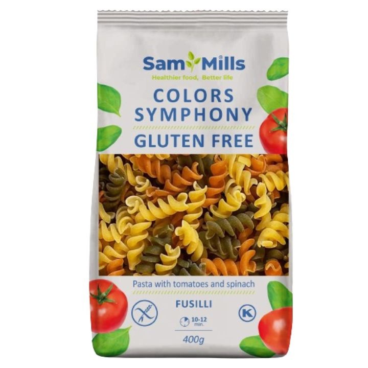 Fusilli Tricolor cu Rosii si Spanac, Sam Mills, 400g, Fara Gluten