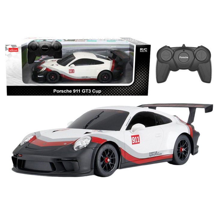 RC autó 1:18 Rastar Porsche 911 GT3, fehér-szürke, 38x13x12cm, szett távirányítóval