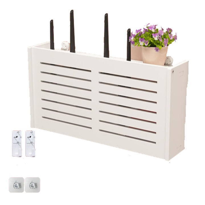 Vezeték nélküli router tartópolc, vezetékek és WI-FI berendezések elrejtésére, falra szerelhető, 38cm*20cm, fehér