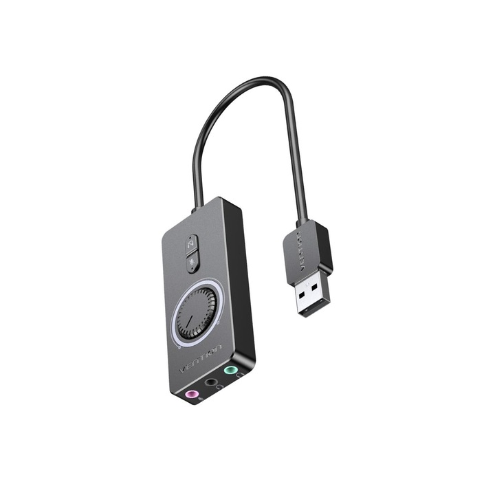 Звукова карта, VENTION, USB 2.0, Външна, Регулируема сила на звука, Черна, 1м