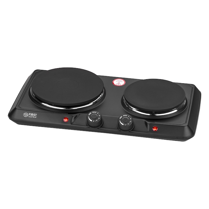 TZS First Austria dupla elektromos főzőlap 2500W, öntöttvas felületek Ø180/150 mm, állítható termosztát, kompakt kialakítás, kemping & otthon