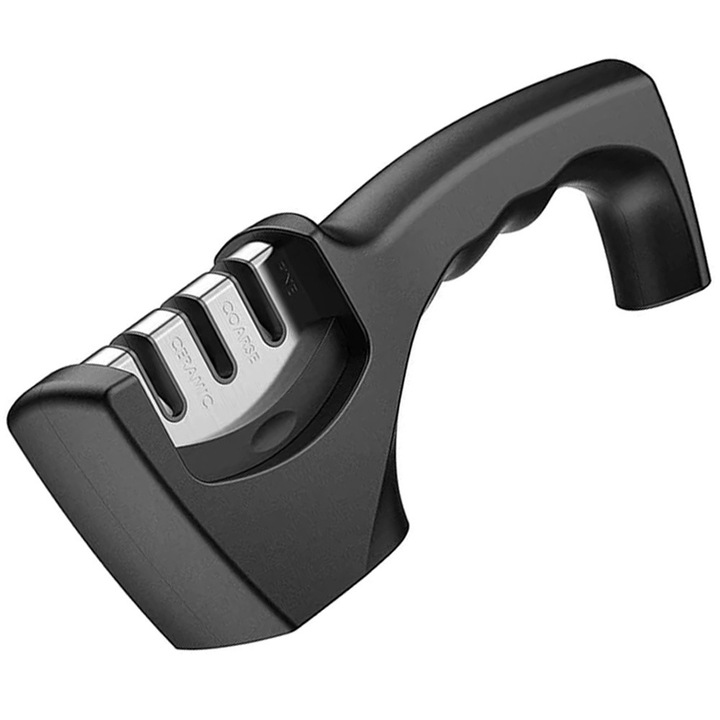 Ascutitor manual de cutite cu 3 trepte, potrivit pentru majoritatea cutitelor de bucatarie din otel si ceramica, usor de folosit, negru/argintiu, 20 x 7 x 5 cm