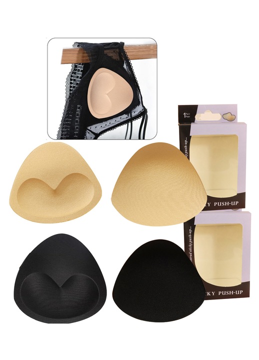 Set 2 perechi insertii sutien push-up, SINBINTA, Burete, Reutilizabil, Detasabil, Pentru asociere cu bretele, Rochii de seara fara bretele, Fara spate, Costume de baie, 11x11x1cm, Negru/Bej