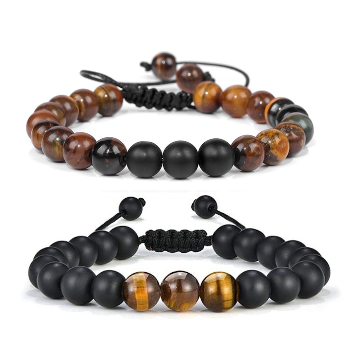 2db férfi karkötő készlet, SINBINTA, Átmérő 8mm, Állítható fonat, Lávakő, Tigrisszem, Természetes kő, Valentin-napra, Házassági évfordulóra, Születésnap, 17,78-23,88cm, Fekete/Khaki