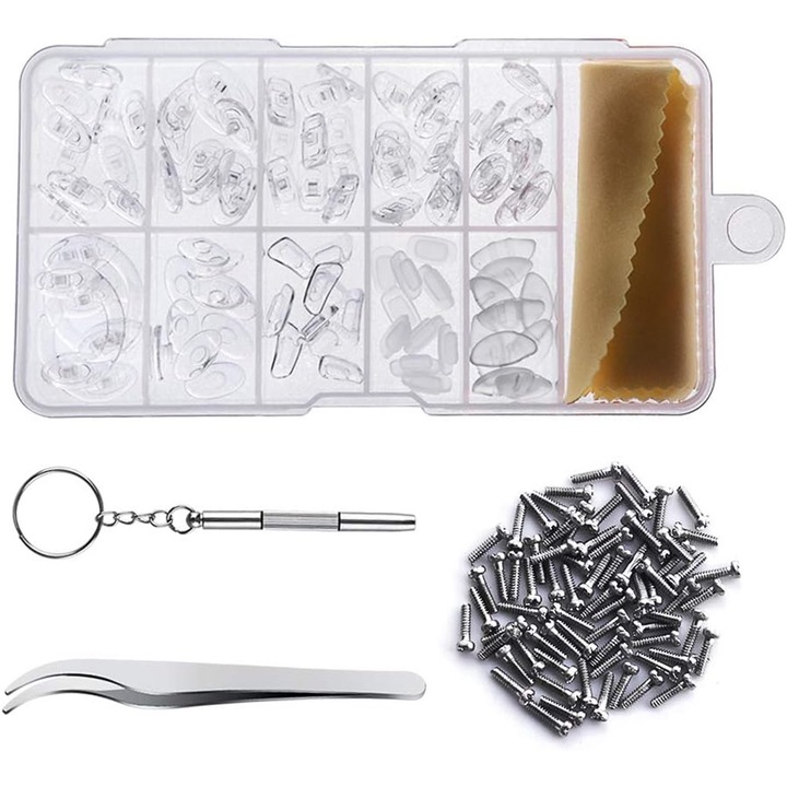 100 darabos BOMSTOM szemüveg orrnyereg-párna készlet, 10 stílus, 100 csavarral, csavarhúzóval, tisztítókendővel, átlátszó tárolódobozzal, szilikon, csúszásmentes, könnyen cserélhető és felszerelhető, átlátszó