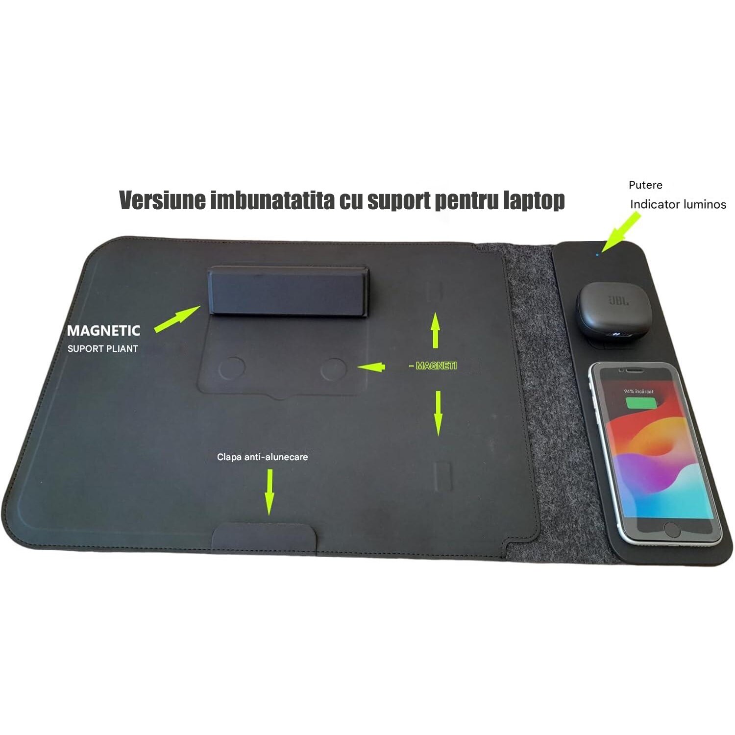 Husa laptop 15 -16 inch, 5-in-1, Incarcator wireless pentru telefon mobil si casti, Cu functie stand, Mousepad, Protectie zgarieturi si caderi, Cu inchidere magnetica
