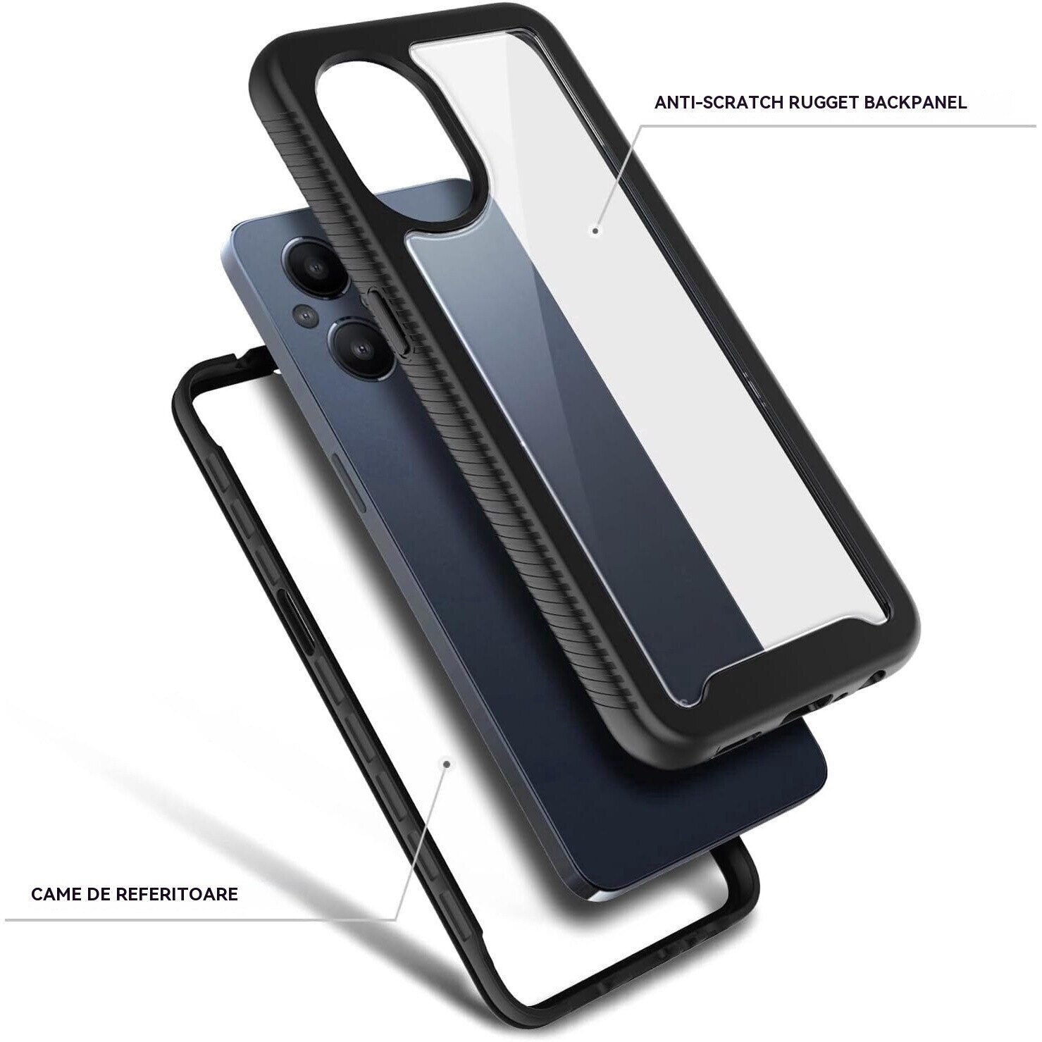 Husa pentru telefon cu protector de ecran incorporat, Carcasa protectie, protectie completa impotriva socurilor, pentru Oneplus Nord N20 5G, pentru OPPO Reno7 Z, Slimline, Rezistent la impact, Rezistent la cadere, Transparent, Negru
