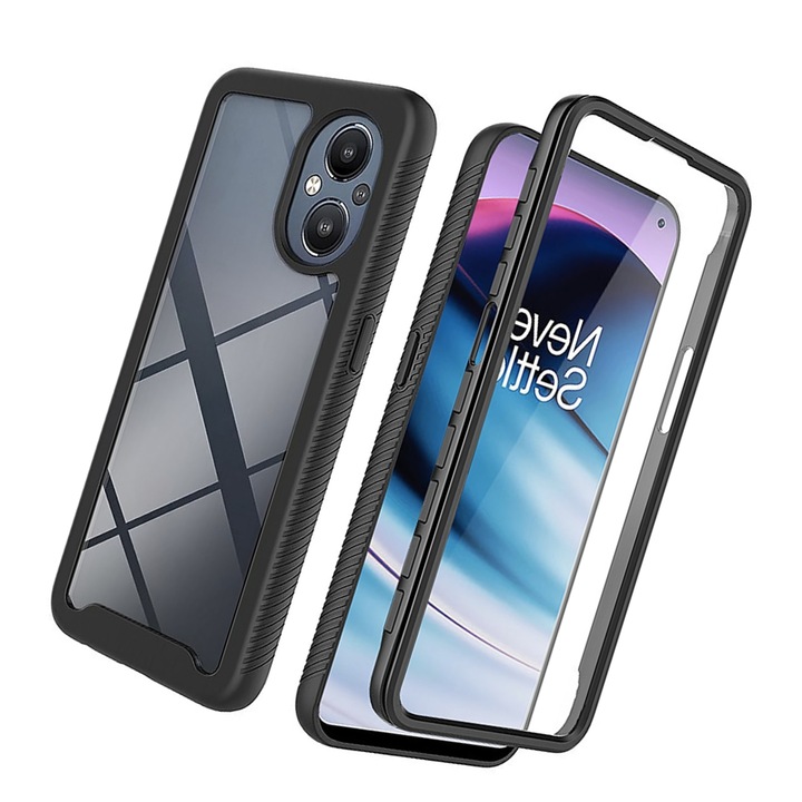 Калъф за телефон с вграден протектор за екрана, пълна защита срещу удар, за Oneplus Nord N20 5G, Slimline, Удароустойчив, Устойчив на падане, Прозрачен, Черен
