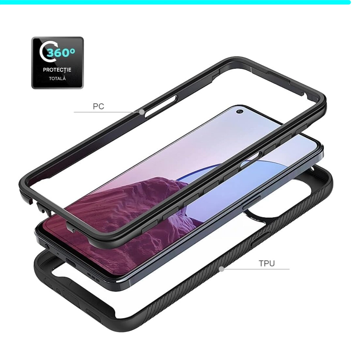 Husa pentru telefon cu protector de ecran incorporat, Carcasa protectie, protectie completa impotriva socurilor, pentru Oneplus Nord N20 5G, pentru OPPO Reno7 Z, Slimline, Rezistent la impact, Rezistent la cadere, Transparent, Negru
