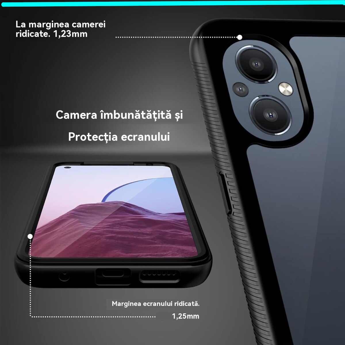 Husa pentru telefon cu protector de ecran incorporat, Carcasa protectie, protectie completa impotriva socurilor, pentru Oneplus Nord N20 5G, pentru OPPO Reno7 Z, Slimline, Rezistent la impact, Rezistent la cadere, Transparent, Negru